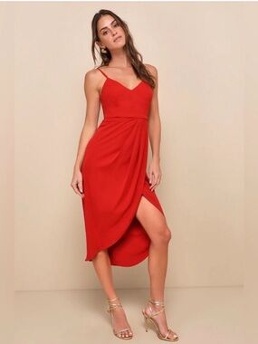 Lulus Reinette Red Midi Dress, v-neck sleeveless dress featuring a faux wrap